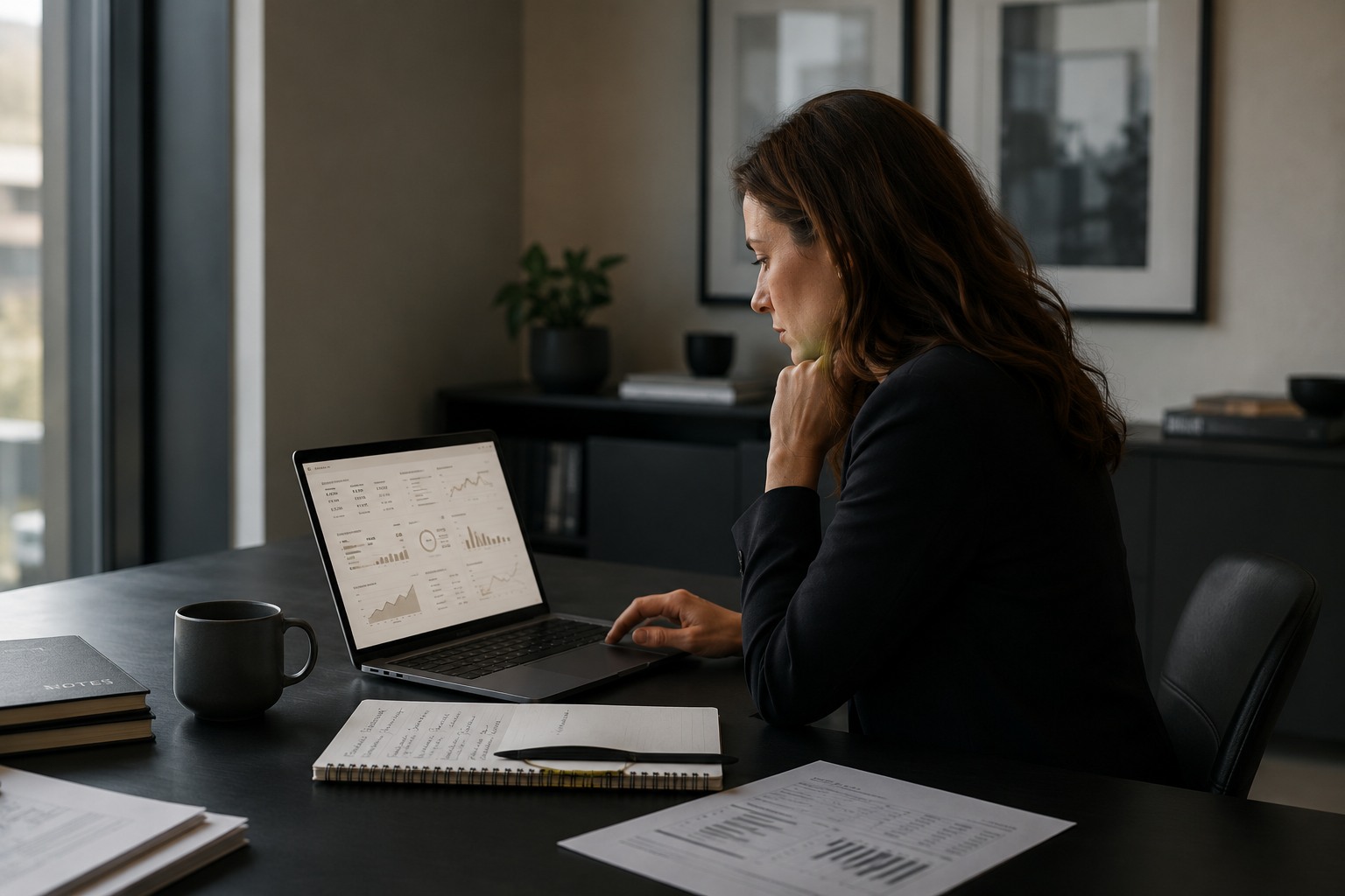 Agency founder reviewing financial dashboards on a laptop